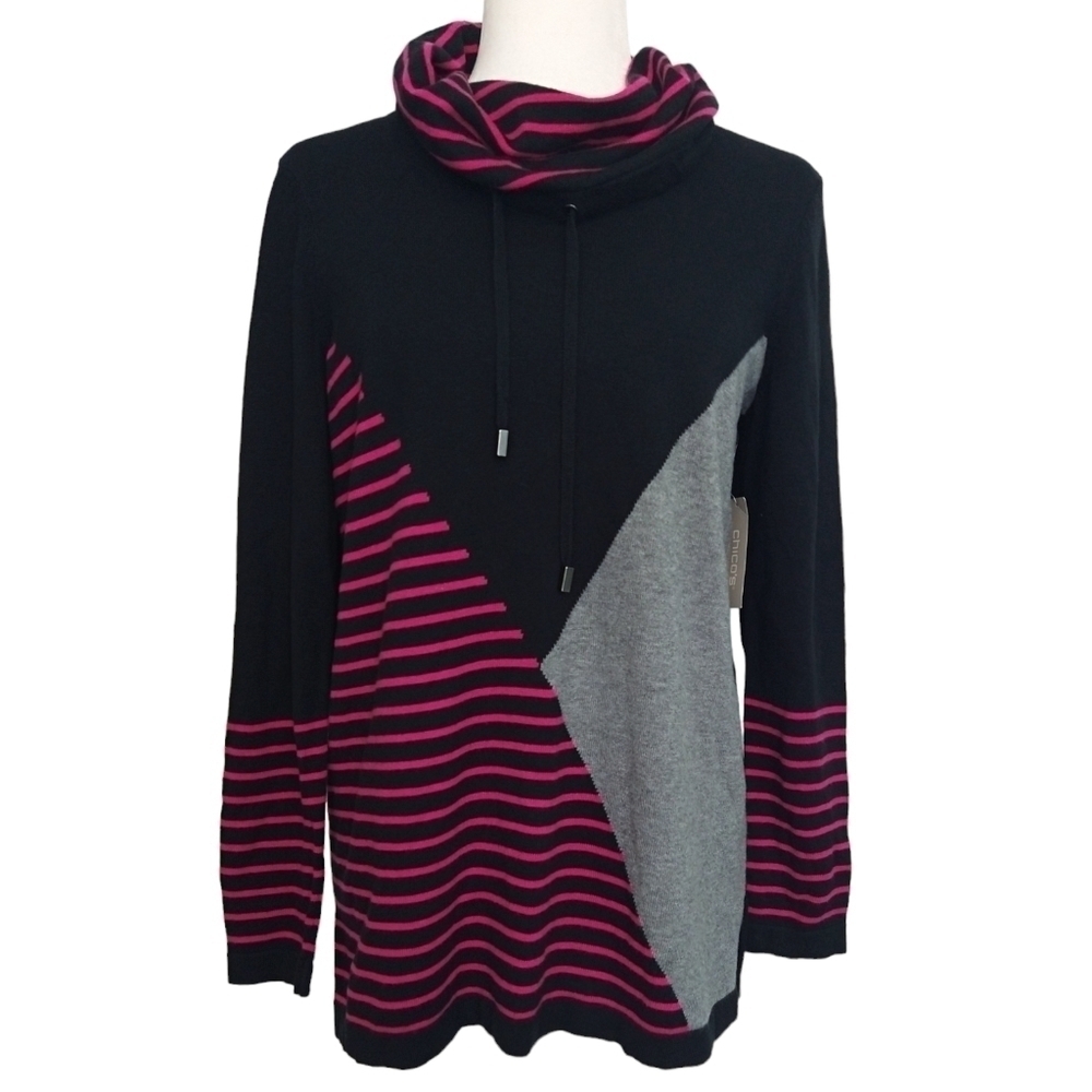 Chico's NWT Zenergy Black Pink Colorblock Cotton Cashmere Blend Cowl Sweater